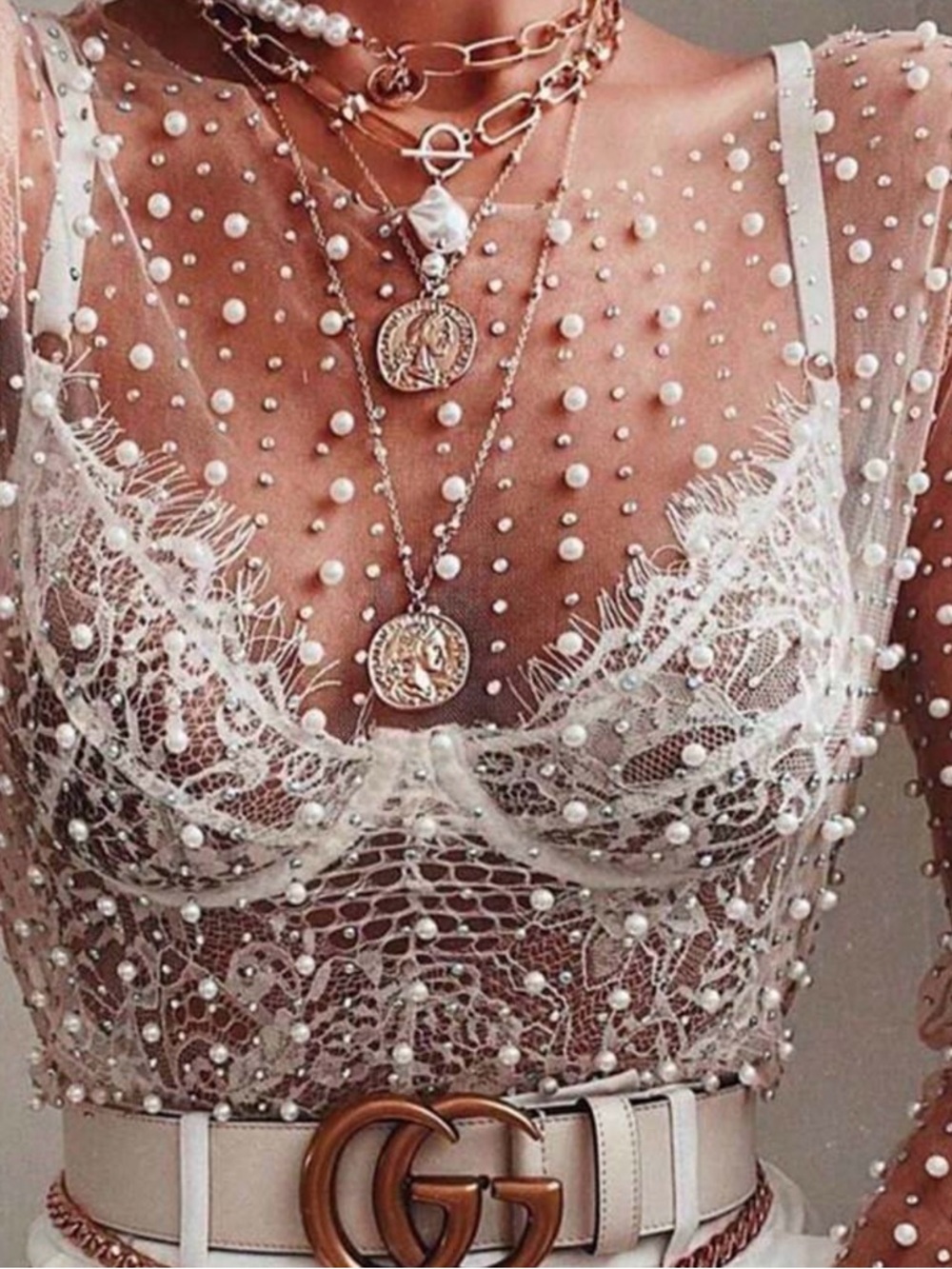 Windsor Pearl-Embellished Sheer Top in Nude - Picture 2 of 6
